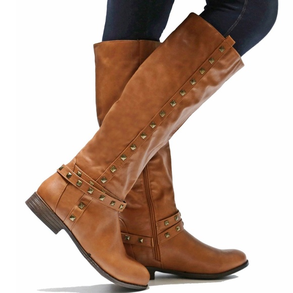 New Tan Studded Knee High Riding Boots - Picture 2 of 4